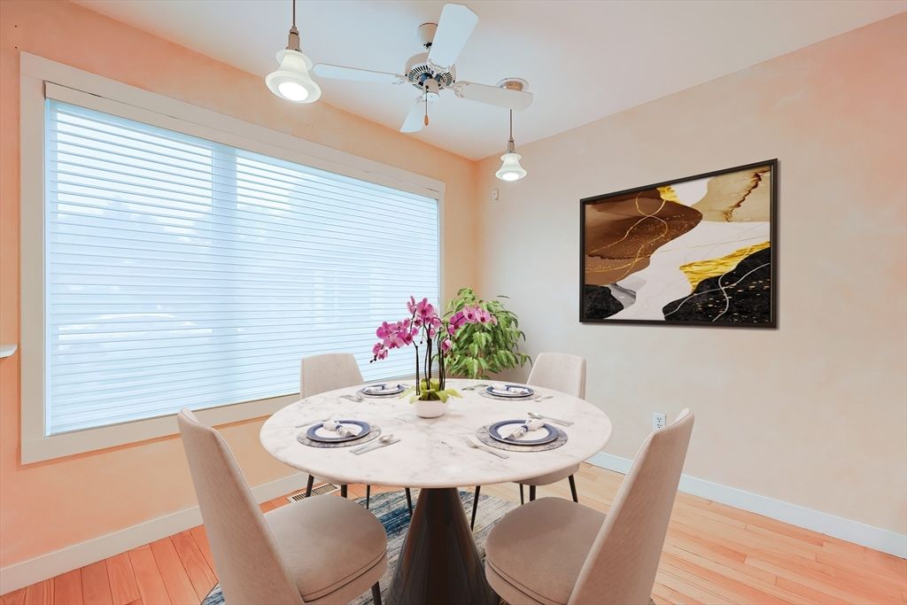 Dining room, Interior, Pendant Lights, Wood Texture Flooring