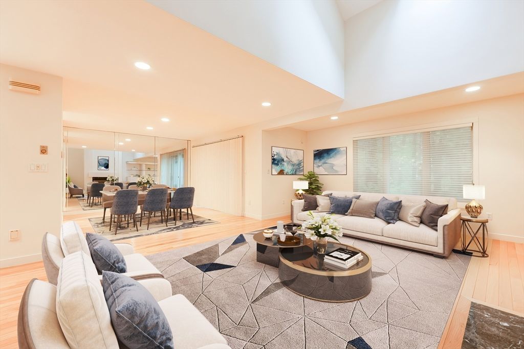 Dining room, Interior, Living room, Pendant Lights, Recessed Lighting, Wood Texture Flooring