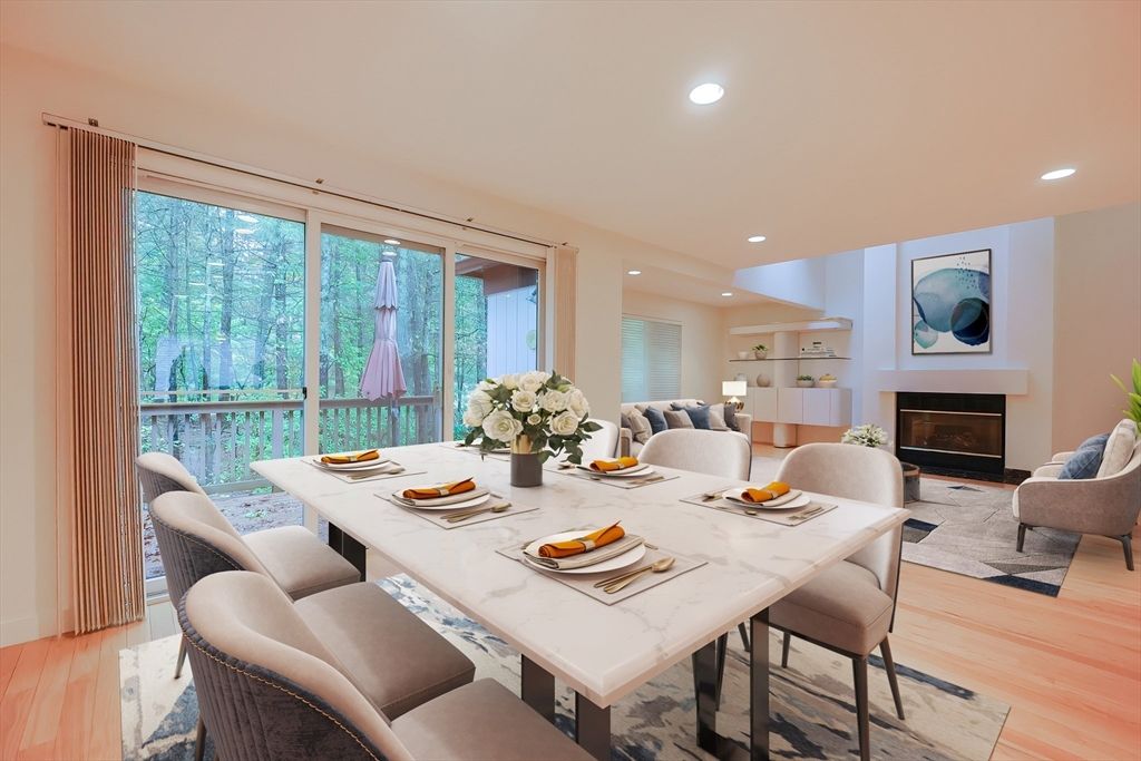 Dining room, Fireplace, Interior, Living room, Recessed Lighting, Wood Texture Flooring