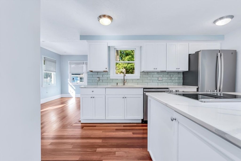 Interior, Kitchen, Tile Countertops, Wood Texture Flooring