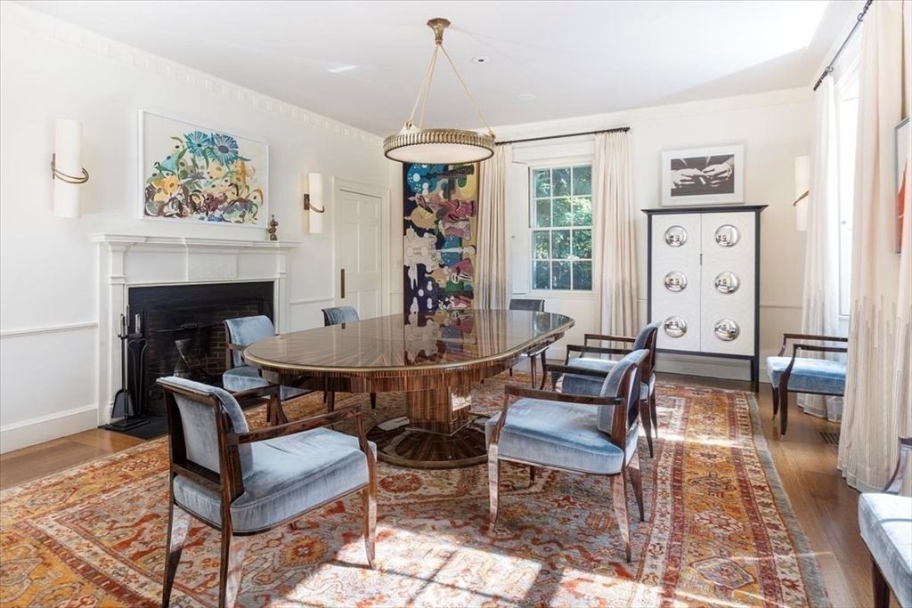 Dining room, Fireplace, Interior, Pendant Lights, Wood Texture Flooring