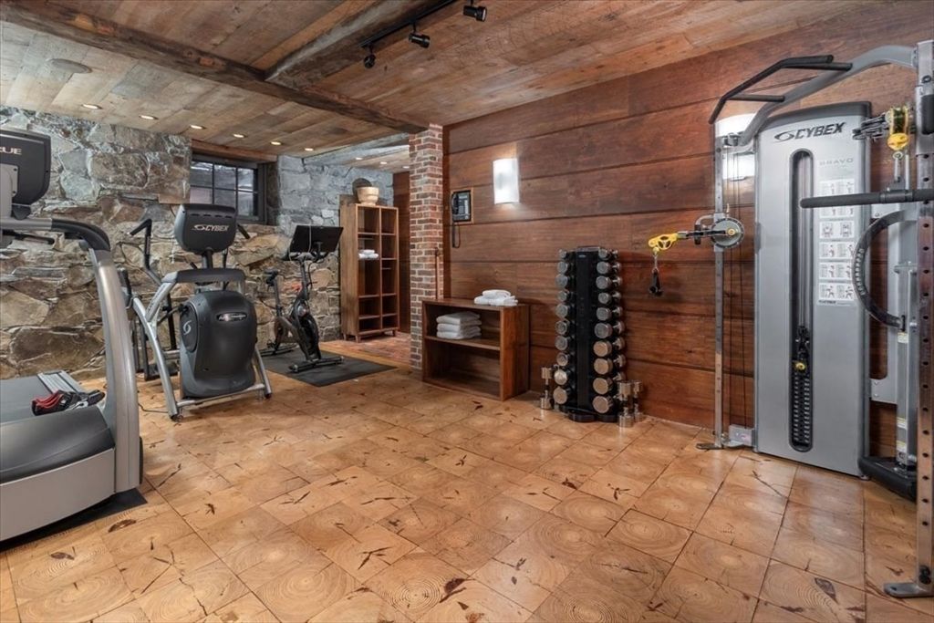 Fitness Equipment, Interior, Recessed Lighting, Stone Walls, Wooden Beams, Wooden Ceilings, Wooden Walls
