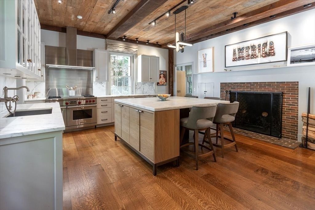 Fireplace, Interior, Kitchen, Pendant Lights, Recessed Lighting, Stainless Steel Appliances, Stone Walls, Wooden Beams, Wooden Ceilings, Wood Texture Flooring