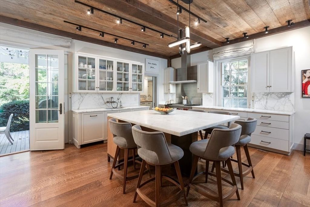 Interior, Kitchen, Marble Walls, Pendant Lights, Wooden Beams, Wooden Ceilings, Wood Texture Flooring