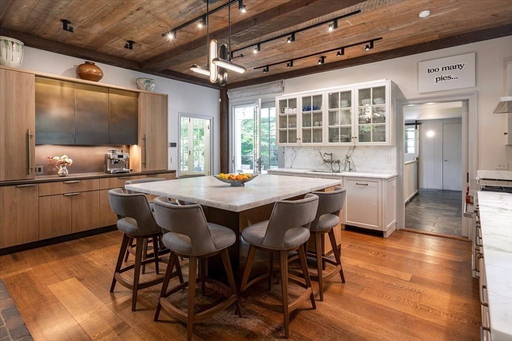 Interior, Kitchen, Marble Walls, Pendant Lights, Recessed Lighting, Stainless Steel Appliances, Wooden Beams, Wooden Ceilings, Wood Texture Flooring