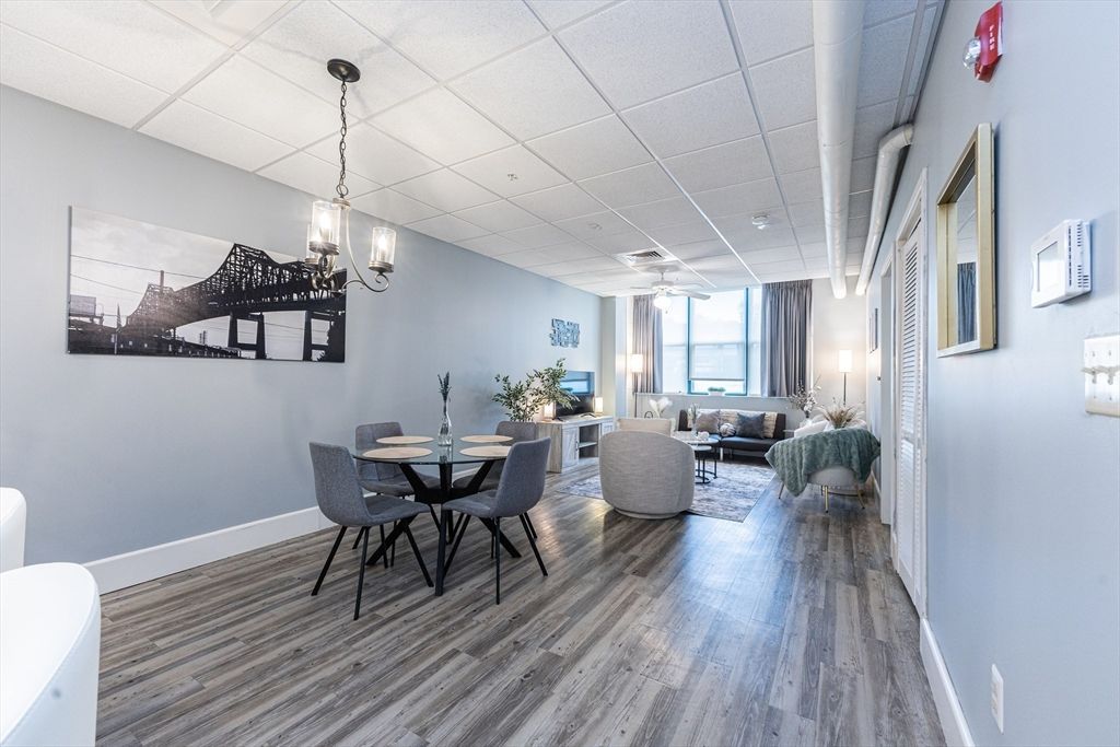 Dining room, Interior, Living room, Pendant Lights, Wood Texture Flooring