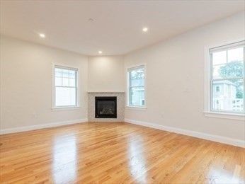 Empty room, Fireplace, Interior, Recessed Lighting, Wood Texture Flooring