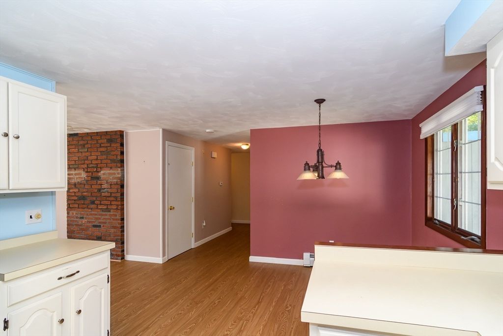 Chandelier, Empty room, Interior, Kitchen, Stone Walls, Wood Texture Flooring