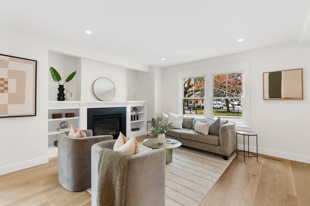 Fireplace, Interior, Living room, Recessed Lighting, Wood Texture Flooring