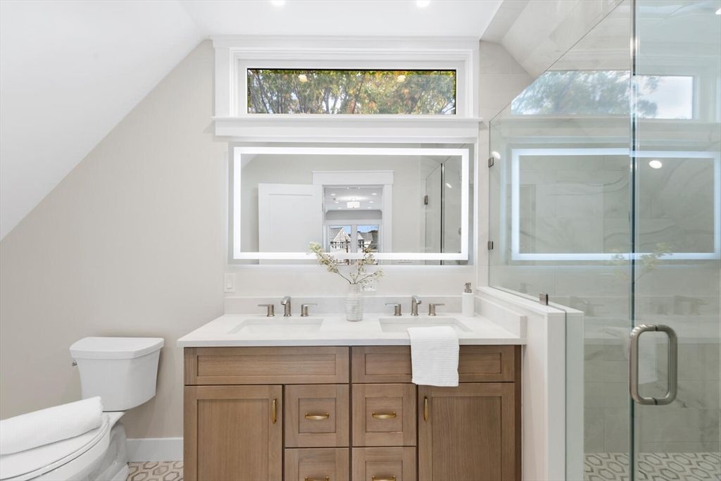 Bathroom, Dual Sink Vanities, Glass Shower, Interior, Recessed Lighting