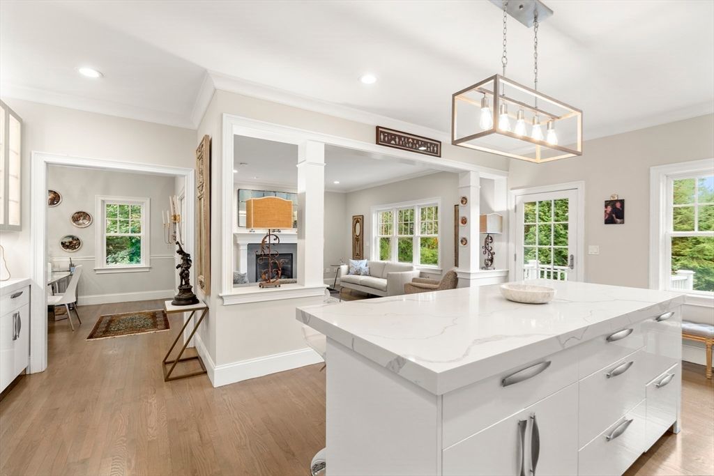 Fireplace, Interior, Kitchen, Living room, Pendant Lights, Recessed Lighting, Wood Texture Flooring