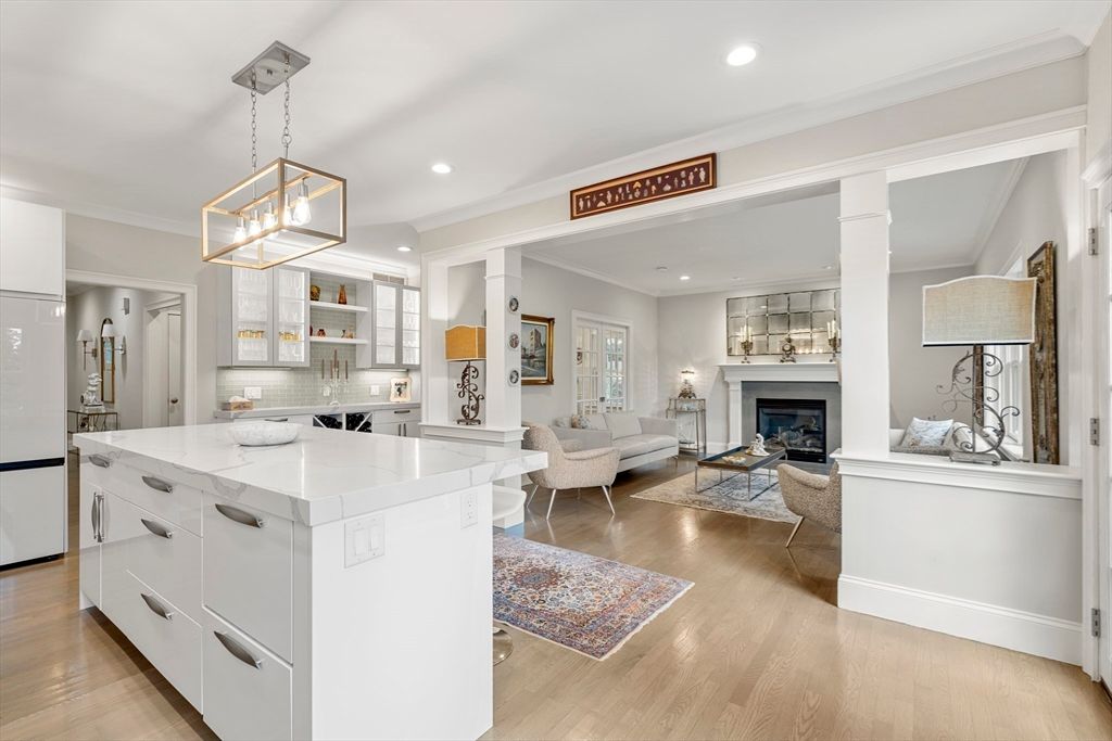 Fireplace, Interior, Kitchen, Living room, Pendant Lights, Recessed Lighting, Wood Texture Flooring