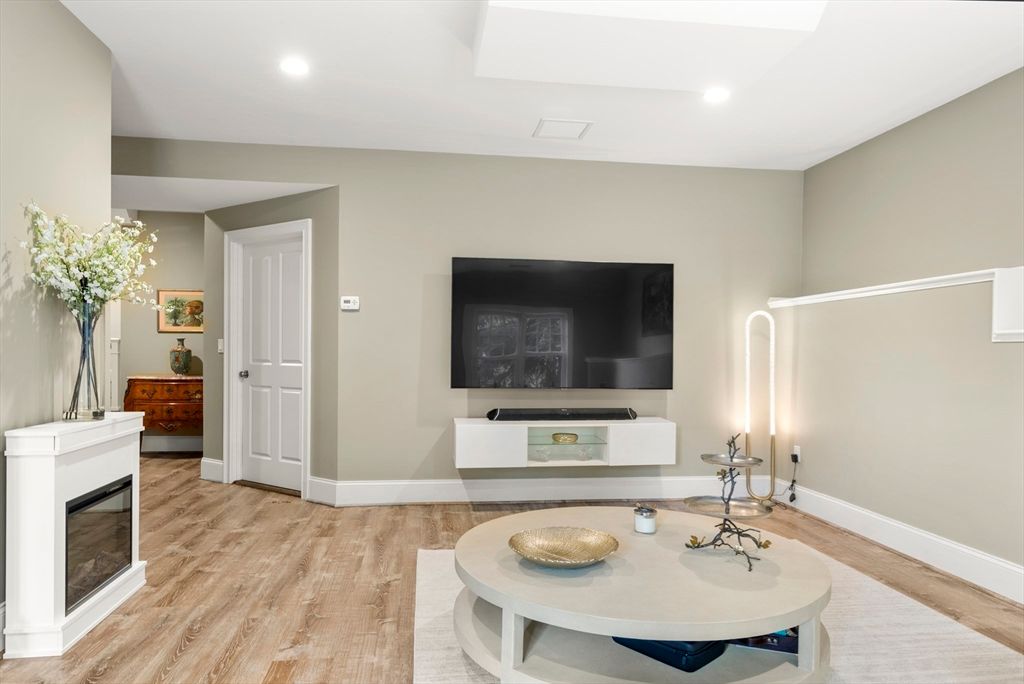 Fireplace, Interior, Recessed Lighting, Wood Texture Flooring