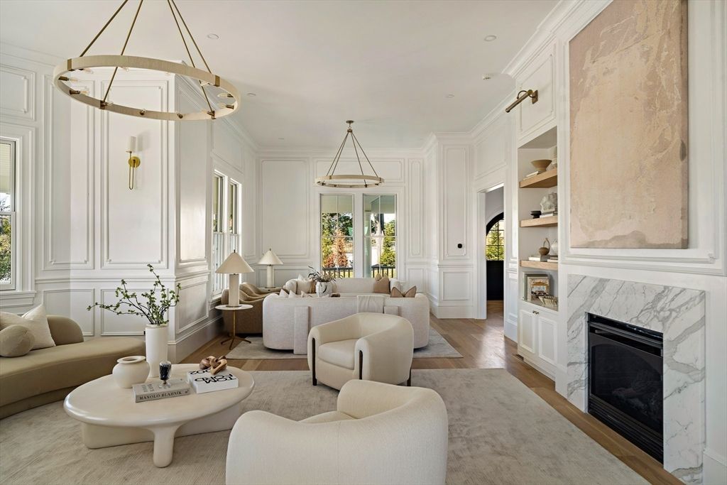 Fireplace, Interior, Living room, Pendant Lights, Recessed Lighting, Wood Texture Flooring