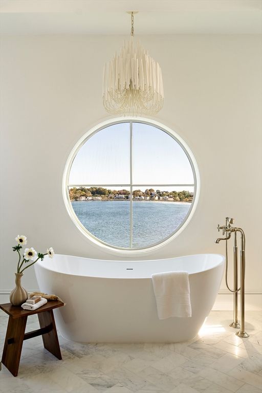 Bathroom, Chandelier, Free Standing Baths, Interior, Marble, Water