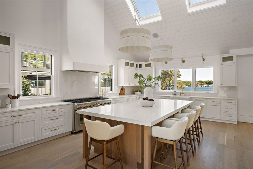 Interior, Kitchen, Marble Walls, Pendant Lights, Stainless Steel Appliances, Water, Wood Texture Flooring