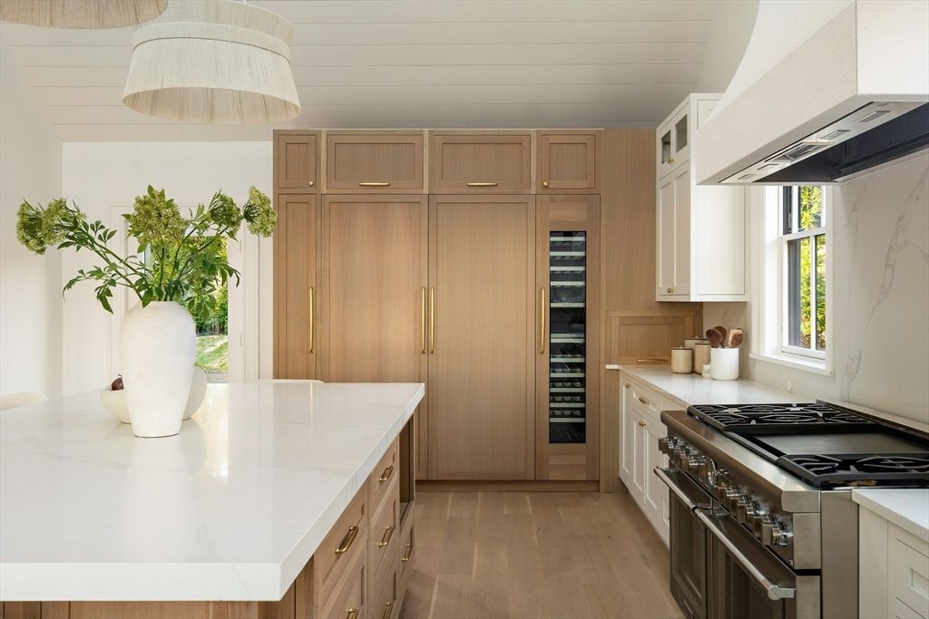 Interior, Kitchen, Marble Walls, Stainless Steel Appliances, Wood Texture Flooring