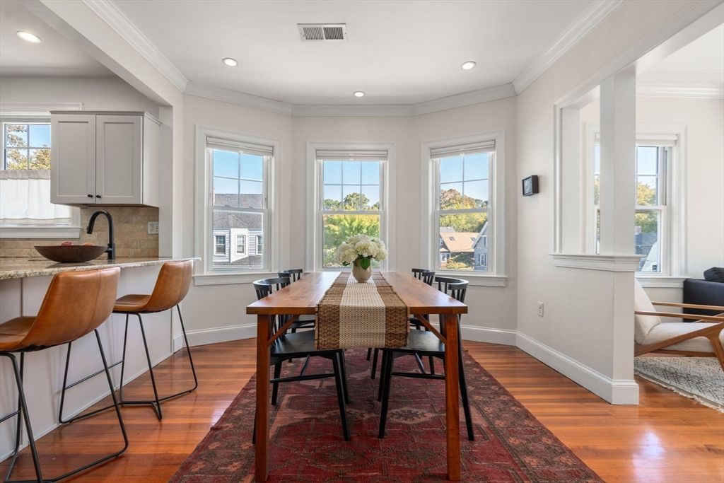 Dining room, Interior, Recessed Lighting, Wood Texture Flooring