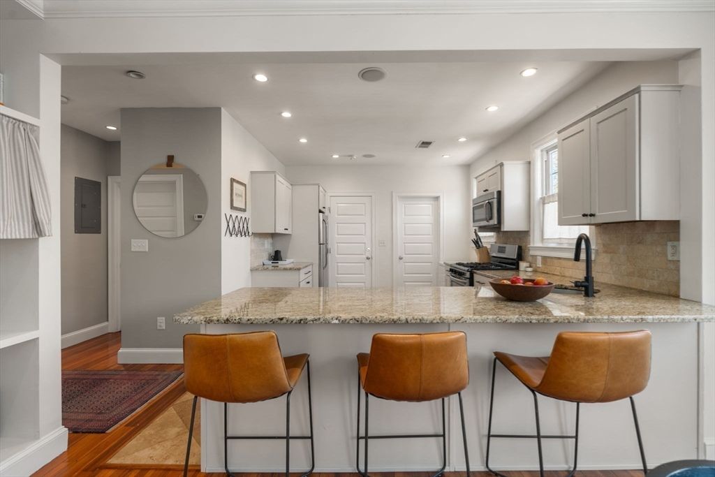 Interior, Kitchen, Recessed Lighting, Stainless Steel Appliances, Wood Texture Flooring