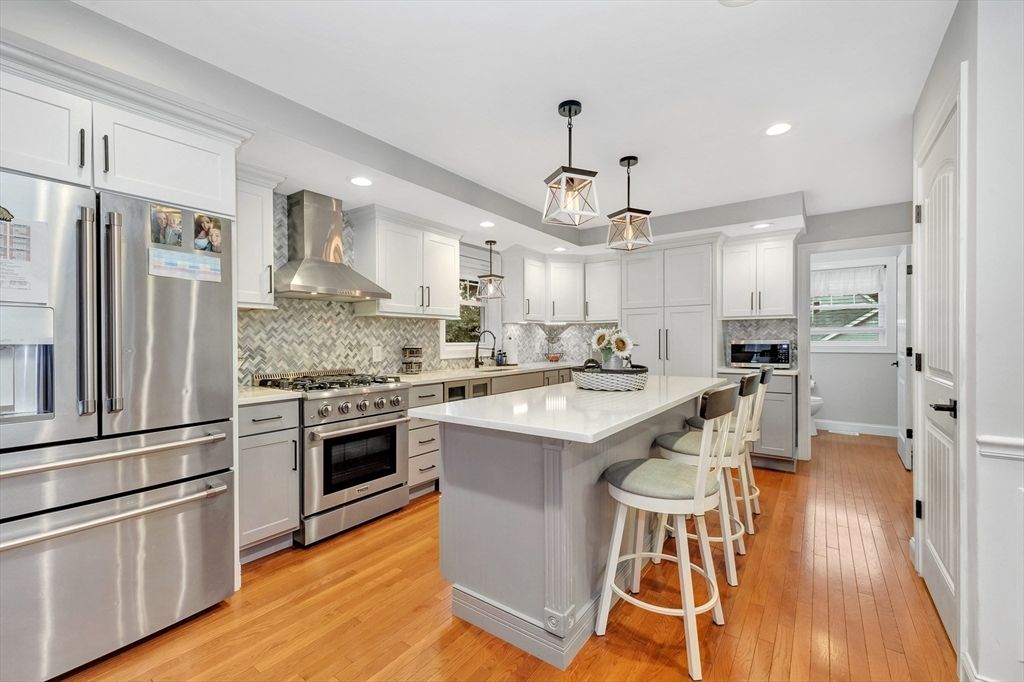 Interior, Kitchen, Pendant Lights, Recessed Lighting, Stainless Steel Appliances, Wood Texture Flooring