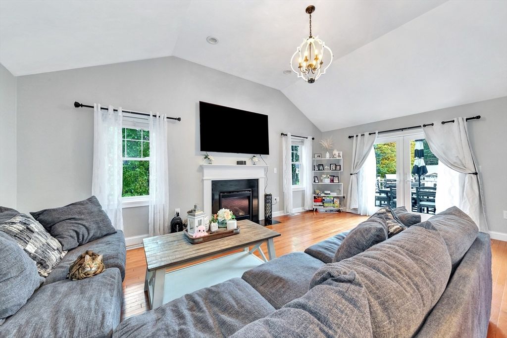 Fireplace, Interior, Living room, Pendant Lights, Wood Texture Flooring