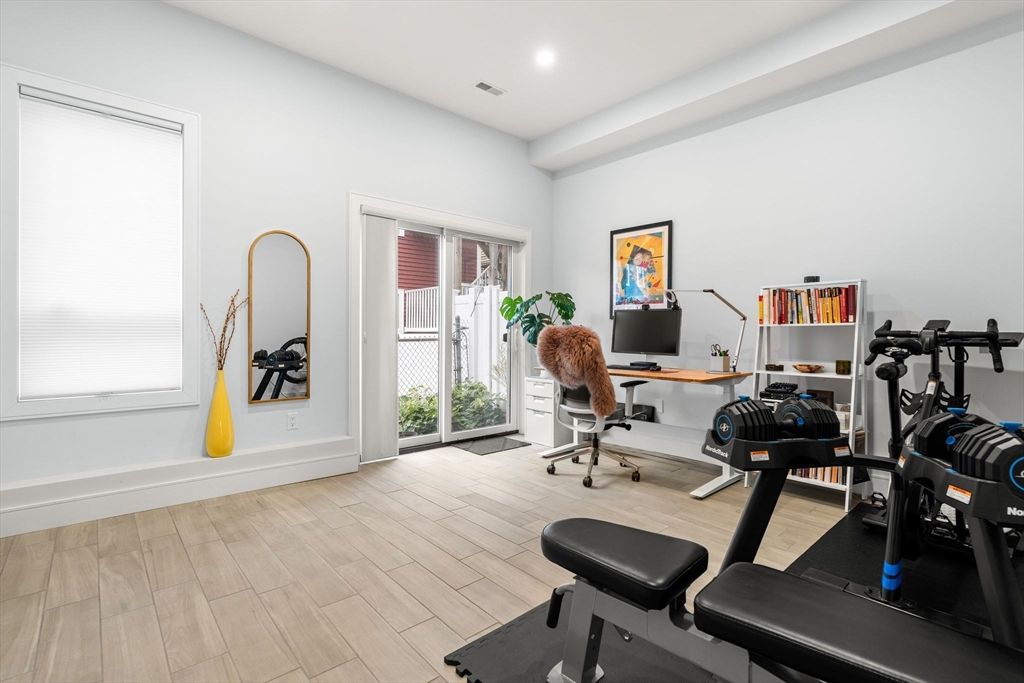 Fitness Equipment, Home Office, Interior, Recessed Lighting, Wood Texture Flooring