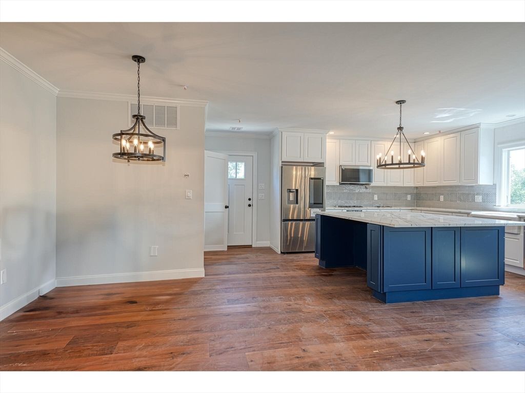 Chandelier, Interior, Kitchen, Pendant Lights, Stainless Steel Appliances, Wood Texture Flooring