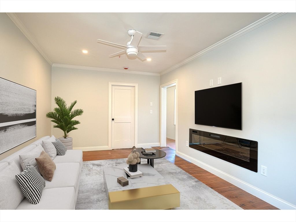 Fireplace, Interior, Living room, Recessed Lighting, Wood Texture Flooring
