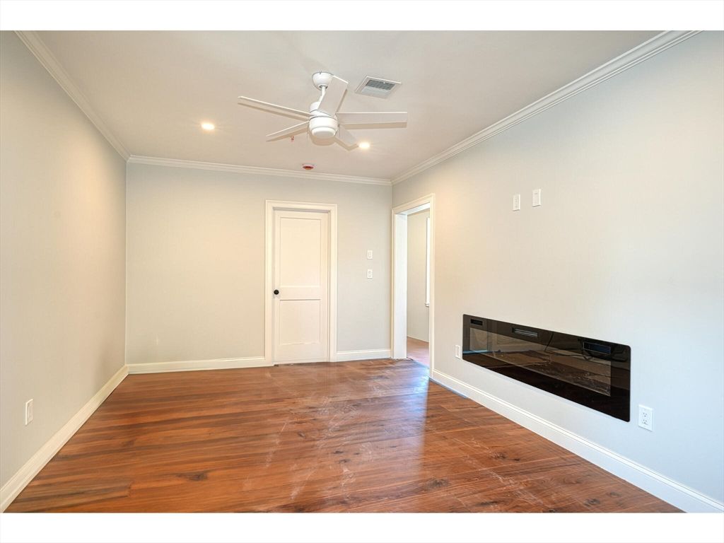Empty room, Fireplace, Interior, Recessed Lighting, Wood Texture Flooring