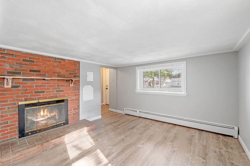 Empty room, Fireplace, Interior, Stone Walls, Wood Texture Flooring