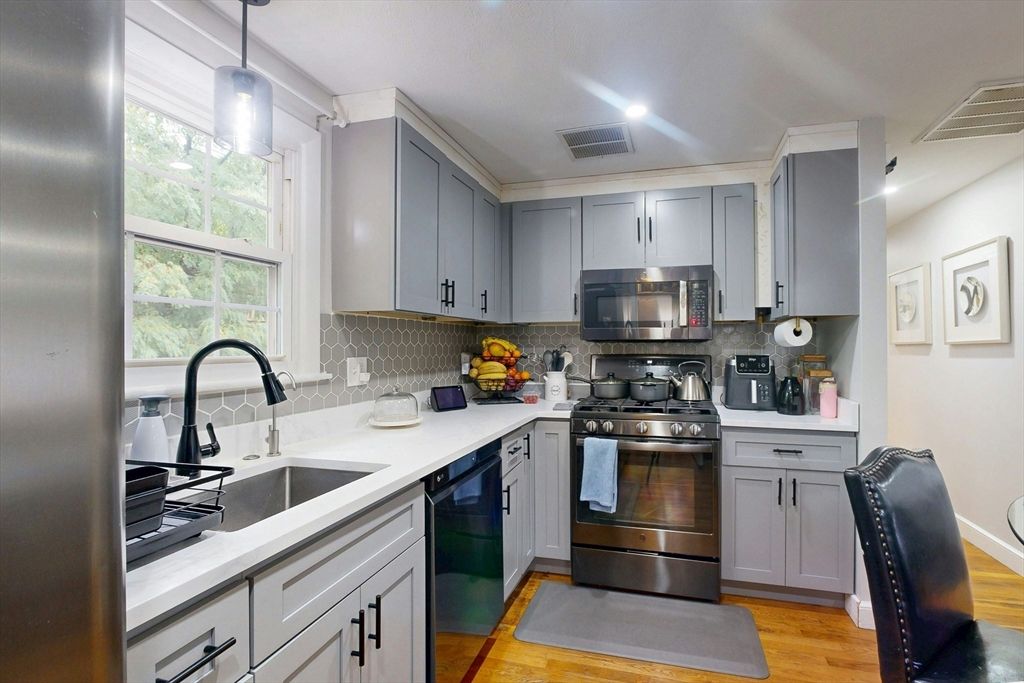 Interior, Kitchen, Pendant Lights, Recessed Lighting, Stainless Steel Appliances, Wood Texture Flooring
