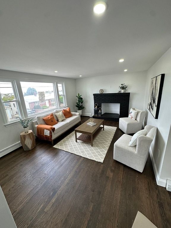 Fireplace, Interior, Living room, Recessed Lighting, Wood Texture Flooring