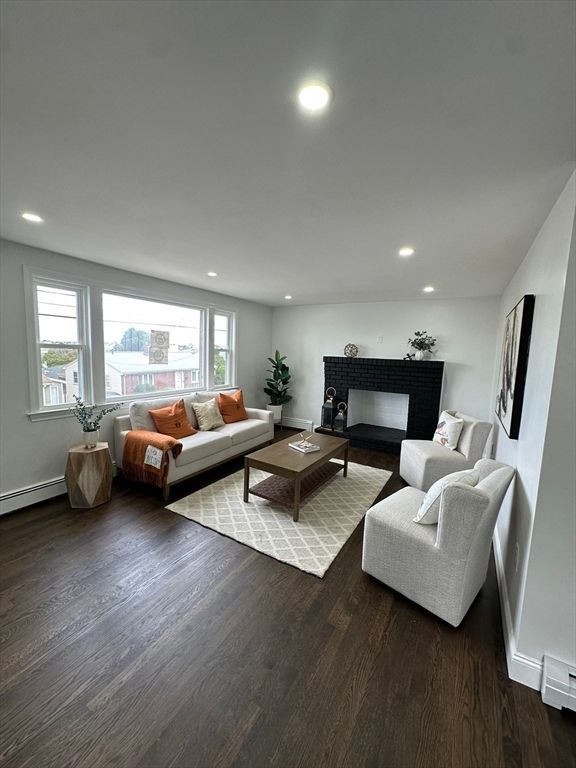 Fireplace, Interior, Living room, Recessed Lighting, Wood Texture Flooring