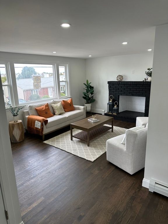 Fireplace, Interior, Living room, Recessed Lighting, Wood Texture Flooring