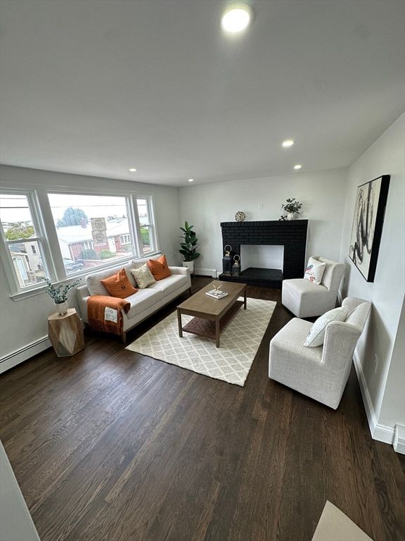 Fireplace, Interior, Living room, Recessed Lighting, Wood Texture Flooring
