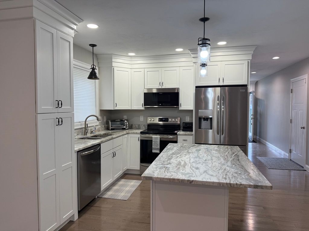 Interior, Kitchen, Pendant Lights, Recessed Lighting, Stainless Steel Appliances, Wood Texture Flooring