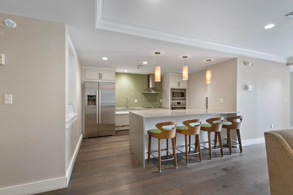 Interior, Kitchen, Pendant Lights, Recessed Lighting, Stainless Steel Appliances, Wood Texture Flooring
