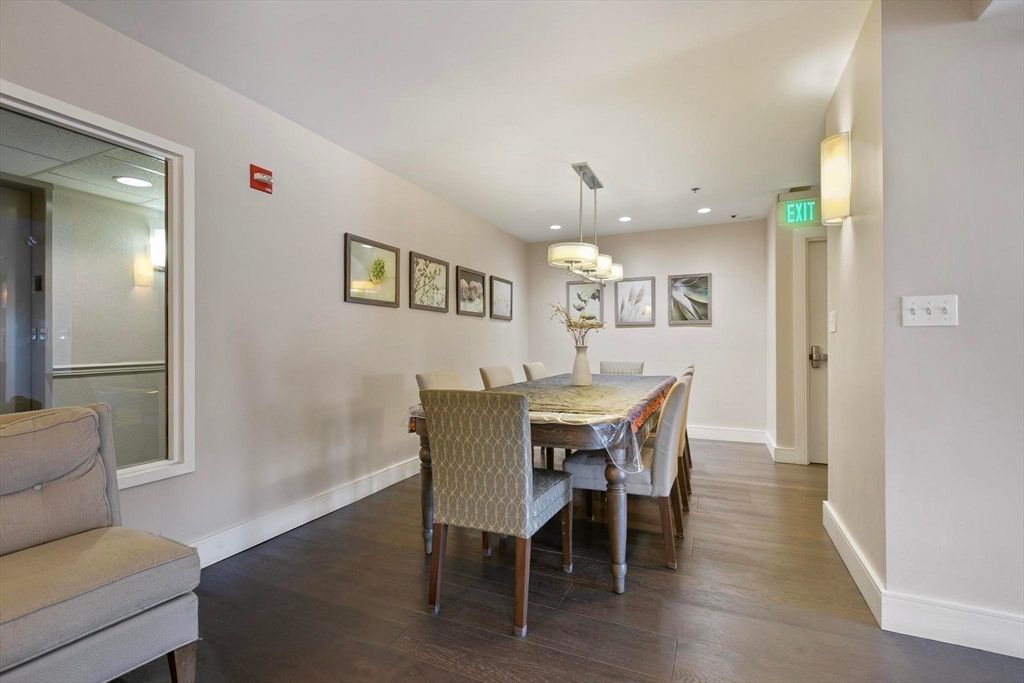 Dining room, Interior, Pendant Lights, Recessed Lighting, Wood Texture Flooring