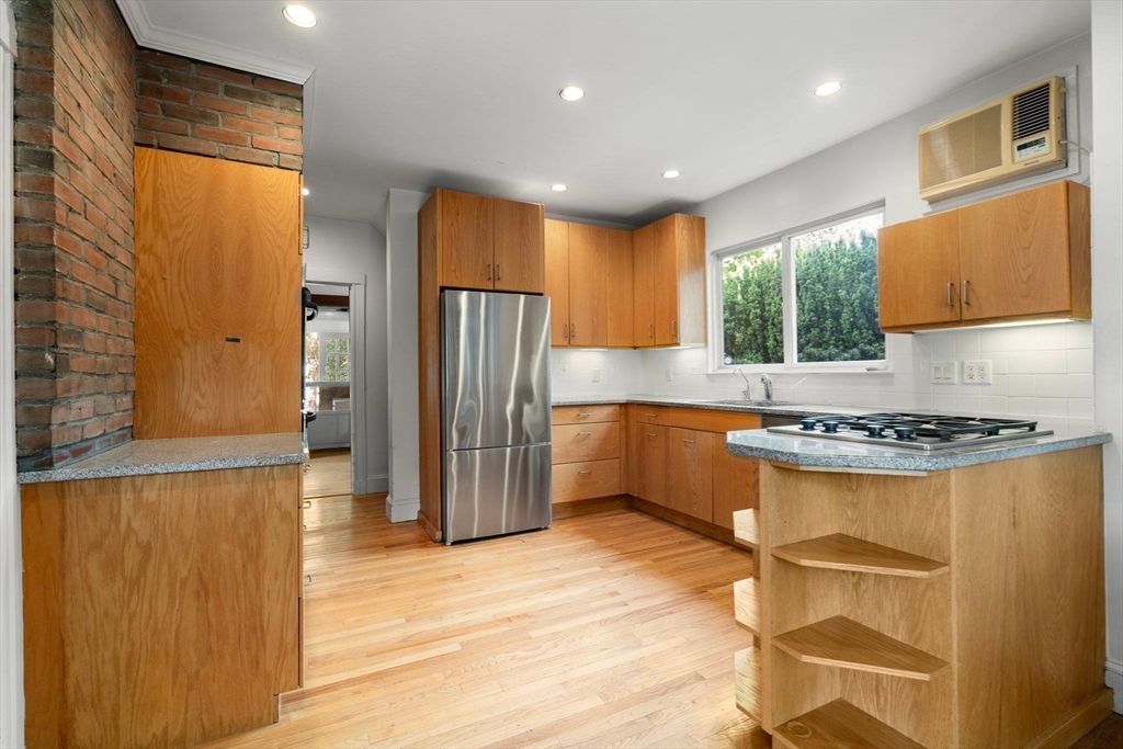 Interior, Kitchen, Recessed Lighting, Stainless Steel Appliances, Stone Walls, Wood Texture Flooring