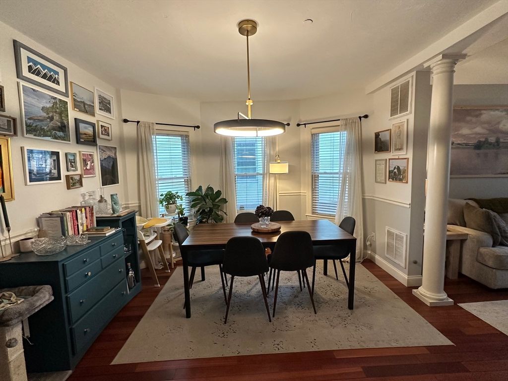 Dining room, Interior, Pendant Lights, Wood Texture Flooring