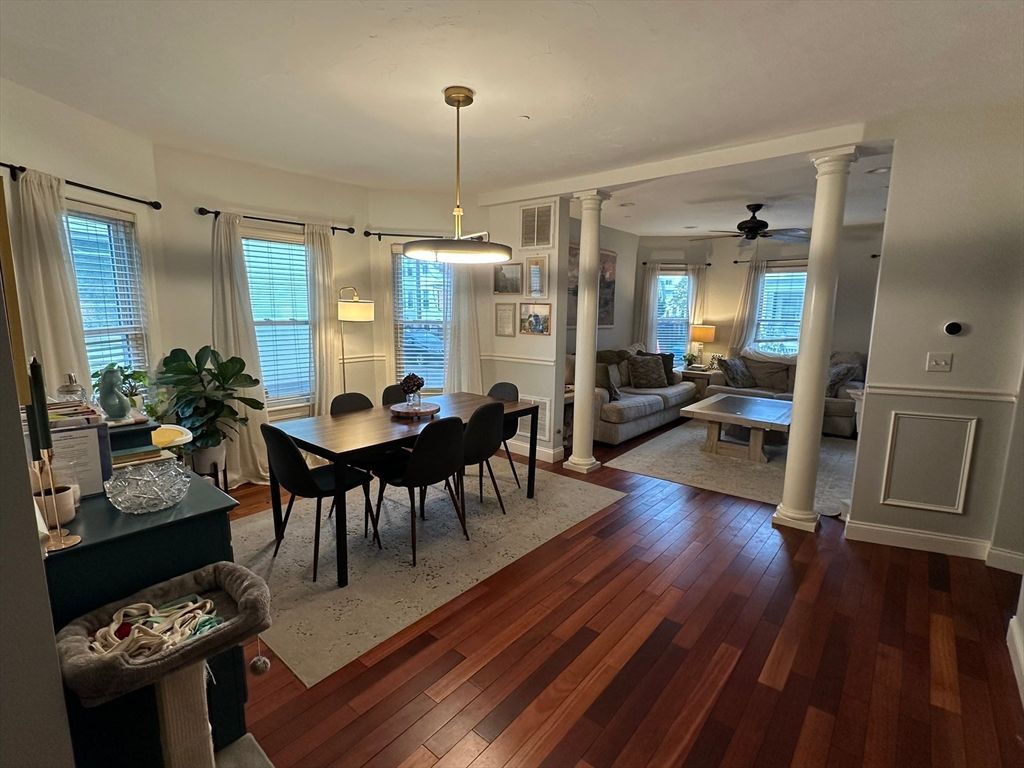 Dining room, Interior, Living room, Pendant Lights, Wood Texture Flooring