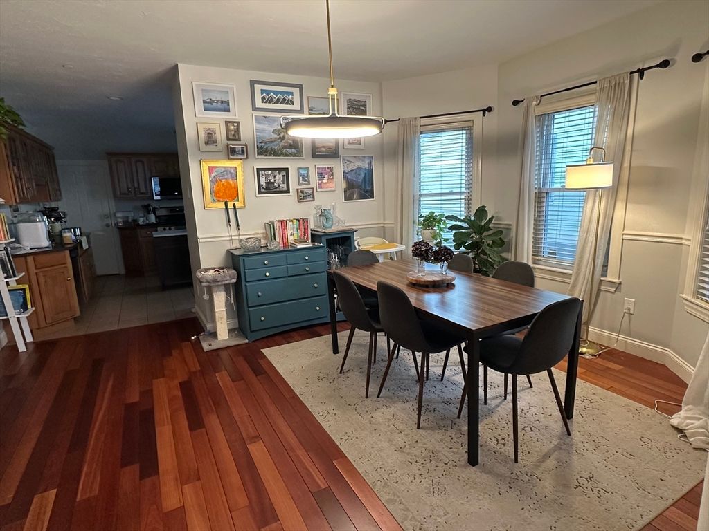 Dining room, Interior, Pendant Lights, Wood Texture Flooring