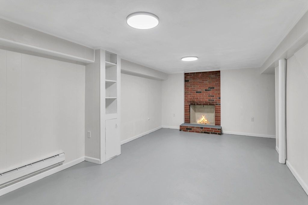 Empty room, Fireplace, Interior, Recessed Lighting, Stone Walls