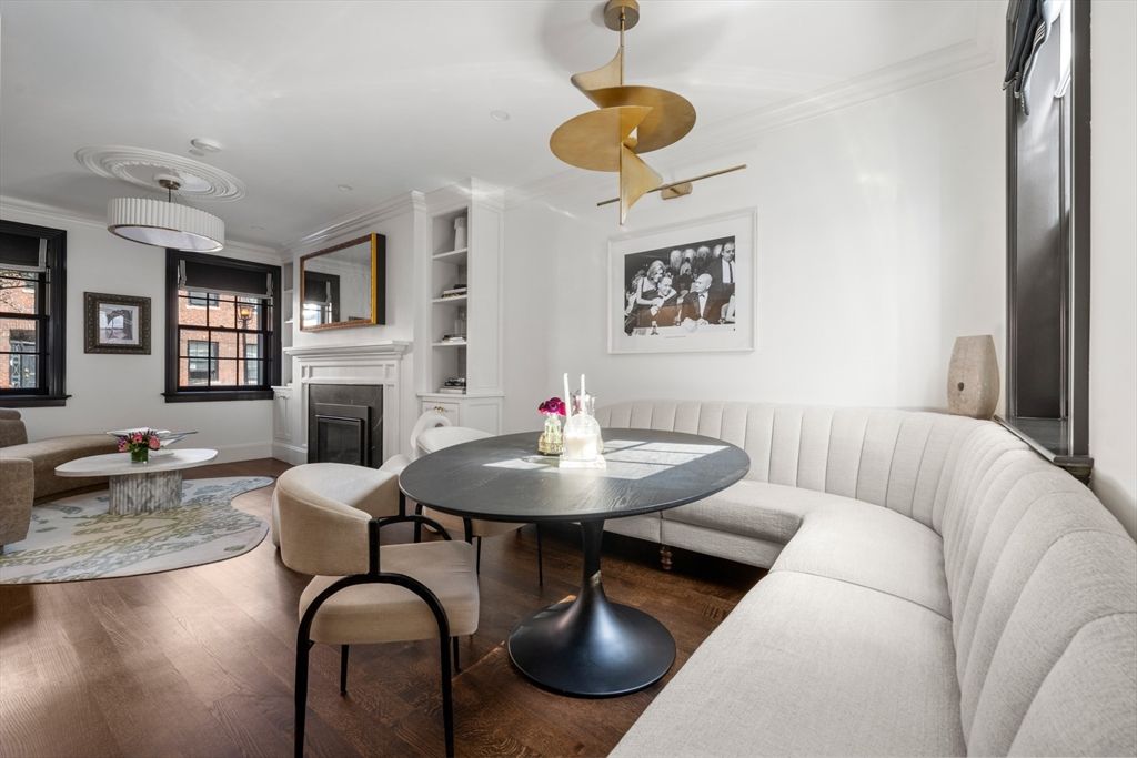 Dining room, Fireplace, Interior, Living room, Pendant Lights, Wood Texture Flooring