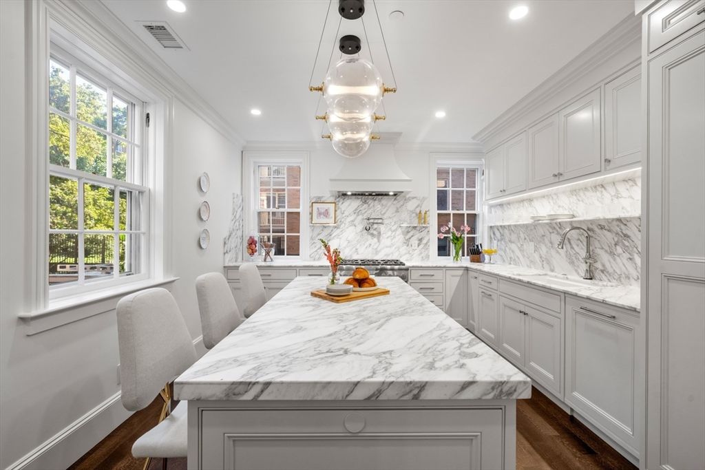 Interior, Kitchen, Marble Walls, Pendant Lights, Recessed Lighting, Wood Texture Flooring