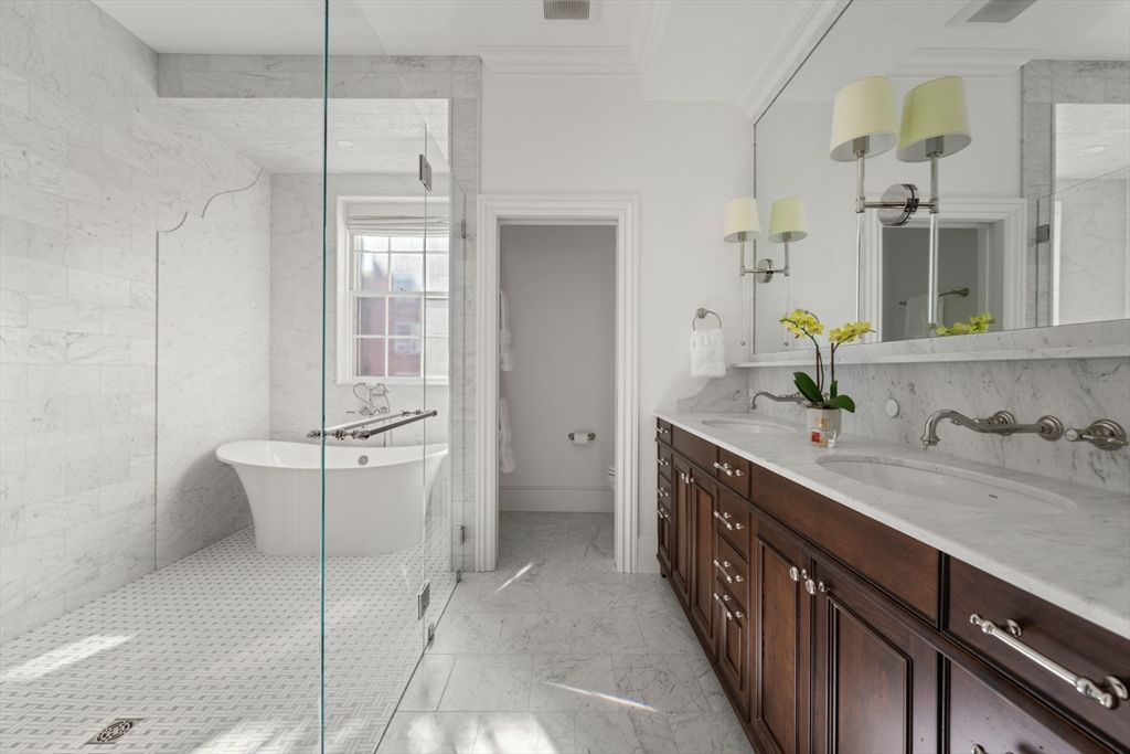 Bathroom, Dual Sink Vanities, Free Standing Baths, Glass Shower, Interior, Marble, Marble Walls