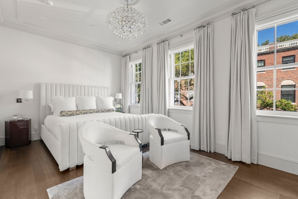 Bedroom, Chandelier, Interior, Recessed Lighting, Wood Texture Flooring