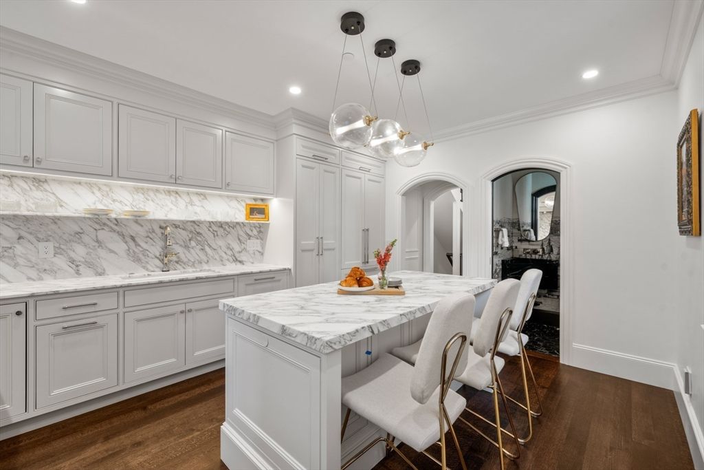 Interior, Kitchen, Marble Walls, Pendant Lights, Recessed Lighting, Wood Texture Flooring