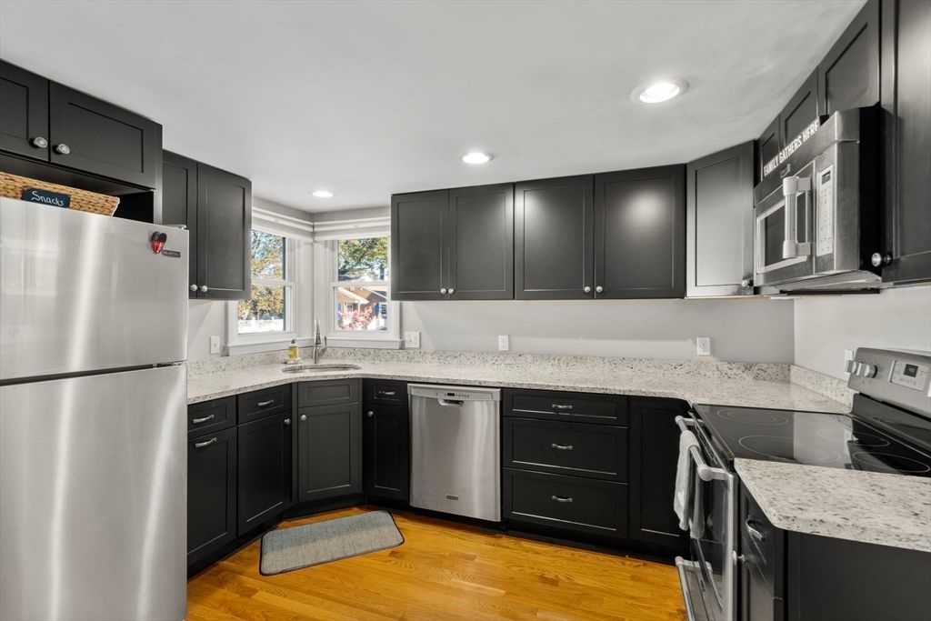 Interior, Kitchen, Recessed Lighting, Stainless Steel Appliances, Wood Texture Flooring