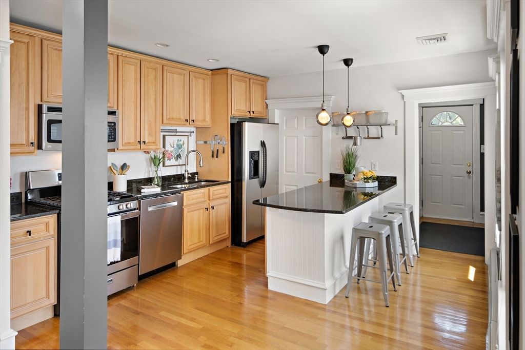 Interior, Kitchen, Pendant Lights, Recessed Lighting, Stainless Steel Appliances, Wood Texture Flooring